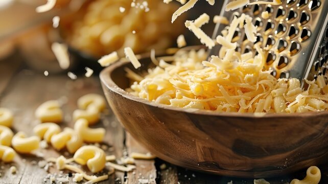 Grated cheese being prepared, falling into wooden bowl - Powered by Adobe