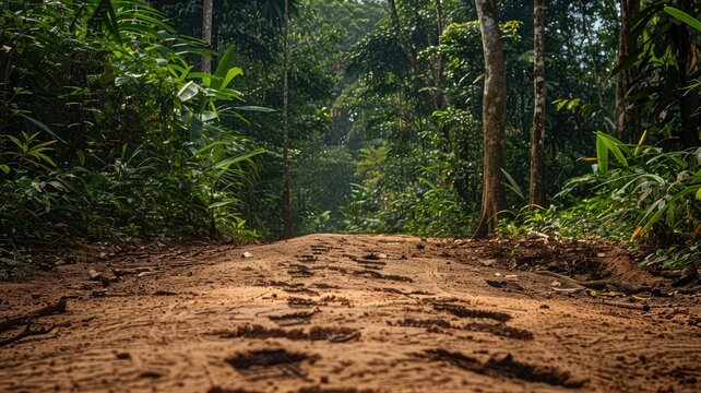 Footprints on dirt path in tropical forest surrounded by lush greenery and tall trees