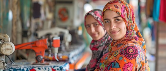Obraz premium The two Muslim ladies own and operate a modest business from their houses. is the process of creating and fitting clothing.