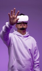 Naklejka premium A person is immersed in virtual reality using a headset against a purple background