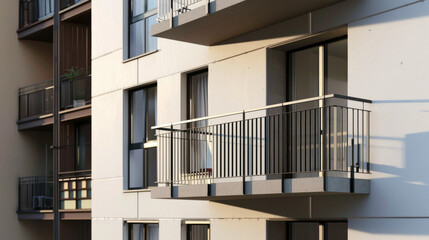 Fototapeta premium Sunlight bathes modern apartment balconies, highlighting their sleek lines and urban design, with soft shadows creating a peaceful, late-afternoon ambiance.