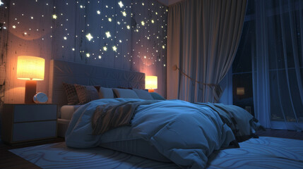 A serene bedroom with glowing star lights on the walls creating a tranquil, whimsical nighttime ambiance; soft lights and calm surroundings.