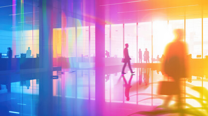 People walking on rainbow colors office space, motion blur effect, LGBT pride gender equality concept	
