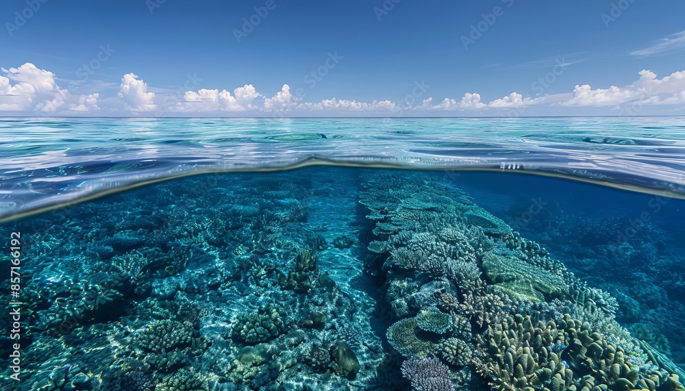 Wall mural a continental shelf, the shallow, submerged edge of a continent, under a clear blue sea. - Wall murals