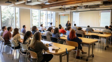A classroom with attentive students facing the instructor, engaged in a lecture with large windows creating a bright, inviting learning environment.