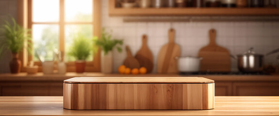  Kitchen podium background food product stand table pedestal display wooden platform. Empty podium counter wood background kitchen board desk restaurant top white light marble presentation interior. 