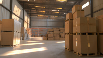 Sunlight filters through a spacious warehouse filled with stacked cardboard boxes, creating a rhythmic pattern of light and shadow on the floor.