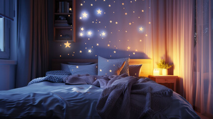 A cozy bedroom with glowing star lights creating a dreamy ambiance as soft light filters through sheer curtains, illuminating the bed and nightstand.