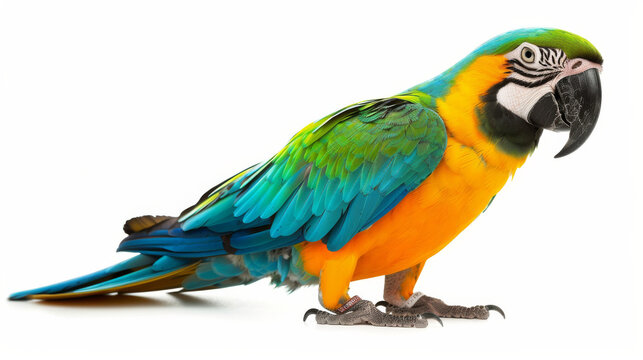 A vibrant parrot with blue, green, and yellow feathers stands against a white background, showcasing the bird&rsquo;s striking plumage and exotic charm.