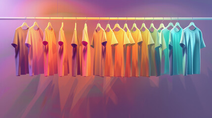 A stylish and colorful display of T-shirts hanging on a rack, beautifully lit with gradient lighting, showcasing diverse colors.