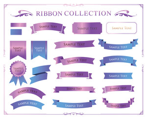 リボンのイラストセット、アンティークなフレーム。装飾デザイン。あしらい