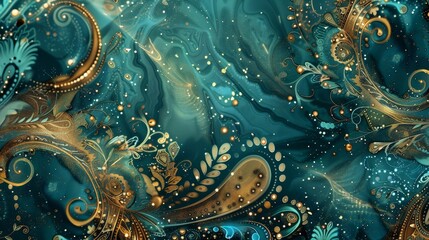 Deep teal and gold wallpaper with shimmering particles and paisley designs background