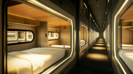 Obraz premium A long corridor of modern, cozy sleeping pods, illuminated warmly, offering a glimpse into futuristic and efficient space utilization in lodging.