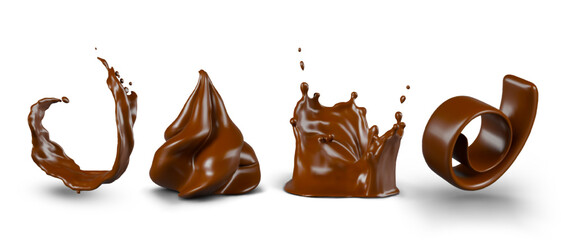 Decorative elements made of chocolate. Whipped cream dollop, shavings, rounded stream, crown splash