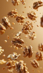 Fototapeta premium Multiple walnuts are suspended mid-air with some particles around them