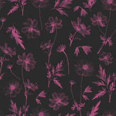 Seamless pattern with Cosmos flower. Meadow flower pointillism illustration. Dot art. Vector floral. Pink on black