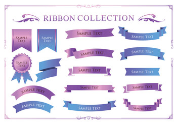 リボンのイラストセット、アンティークなフレーム。装飾デザイン。あしらい