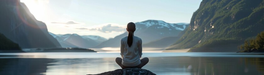 Fototapeta premium Silhouette of a woman meditating by a calm lake with mountains in the background.