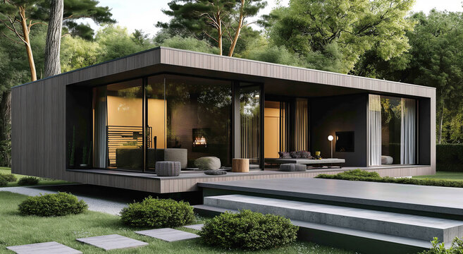 A modern minimalist house with gray wood cladding, concrete floor and glass doors in the front garden with light green grass and some bushes, perfect for architectural rendering