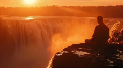 Silhouetted Figure Admiring Dramatic Waterfall at Vibrant Sunrise