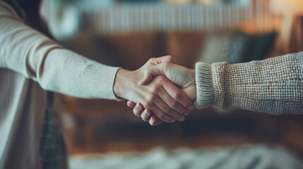 Two people warmly shake hands indoors, signifying a friendly agreement, trust, and positive relationship building.
