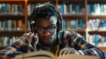 The young man in headphones is deeply engaged in studying a book at a well-lit library, focused and determined.