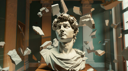 A classical marble bust of a man appears to shatter into pieces in mid-air, showcased in an art museum under dramatic lighting.