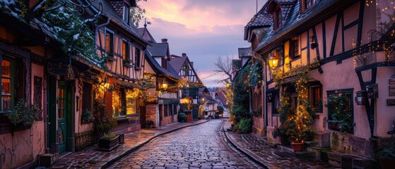 Fototapeta premium image of a historic European village at dawn, with cobblestone streets and charming buildings, ideal for travel and cultural themes