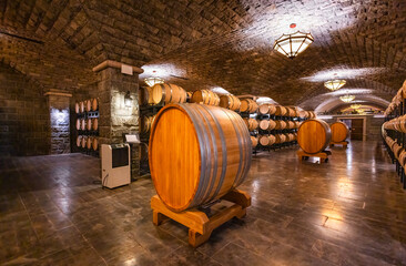 Oak barrels in the cellar of the winery