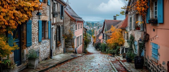 Fototapeta premium image of a historic European village at dawn, with cobblestone streets and charming buildings, ideal for travel and cultural themes