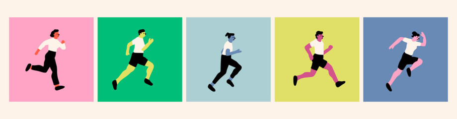 Set of Running people. Cartoon flat style. Cute isolated characters. Sport, jogging, rush, race, ambition, success aspiration, hurrying to goal, marathon concept. Hand drawn Vector illustration