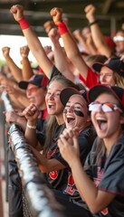 Obraz premium Female Softball Team Cheering Enthusiastically from Dugout During Game - Team Spirit and Support