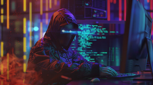 A masked figure with glowing eyes typing on a keyboard amid vibrant neon codes and screens. - Powered by Adobe