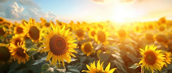 Obraz premium image of a vibrant sunflower field, with bright yellow blooms under a clear sky, perfect for summer and nature themes