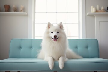 Portrait of a cute american eskimo dog isolated on crisp minimalistic living room