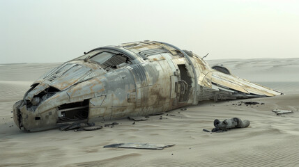 A wrecked spacecraft lies abandoned in vast desert sands, hinting at a story of adventure and mystery in a distant world.