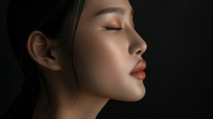 Fototapeta premium Profile of a serene woman with soft makeup and closed eyes, embodying elegance and peace against a plain dark background.