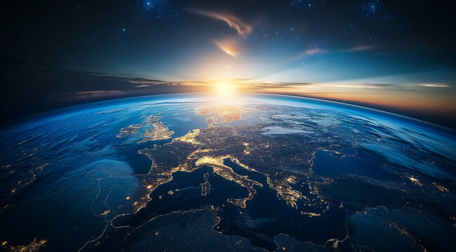 a view of earth from space, the sun is rising over europe and it's lighting up clouds in blue and yellow hues, the horizon lines with glowing lights on cities.