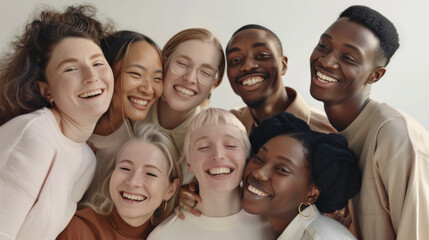 Obraz premium A diverse group of friends share a joyful moment, smiling and embracing, radiating unity and happiness.