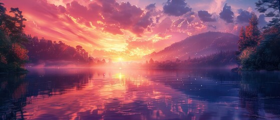 8K UHD background of a serene lake at sunset, with calm waters and a colorful sky, perfect for peaceful and romantic themes