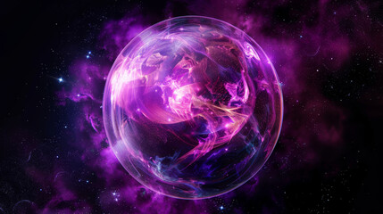 Obraz premium A surreal depiction of Earth encased in a luminous purple orb floating in space, surrounded by vibrant cosmic clouds and stars.