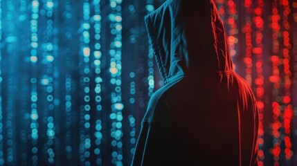 faceless hooded hacker in dark digital space with matrix background cyber attack concept