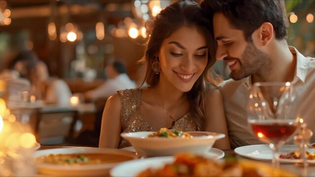 Couple enjoying Indian cuisine on a romantic date night at a restaurant. Concept Romantic Date Night, Indian Cuisine, Couple Goals, Foodie Adventure, Culinary Experience