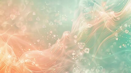 Serene peach and seafoam green wallpaper with crystal-like patterns and light flares background