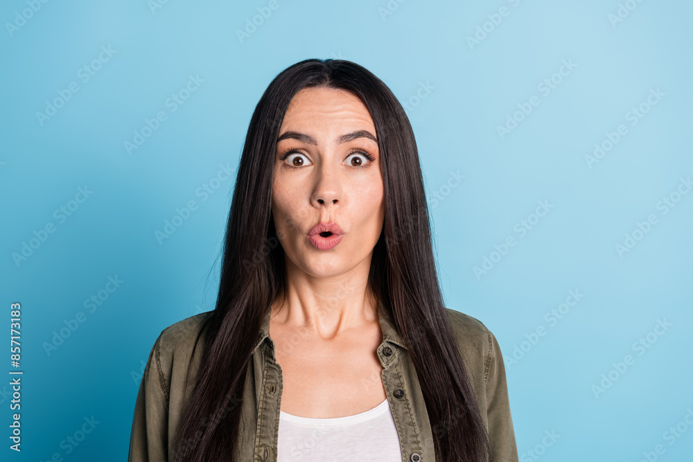 Sticker photo portrait of attractive young woman amazed reaction dressed stylish khaki clothes isolated on b