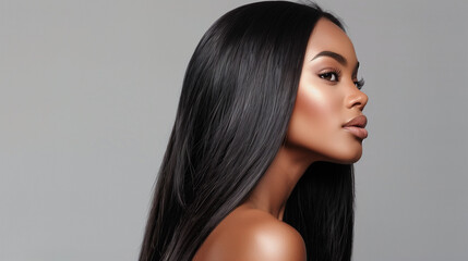 An African-American model demonstrates sleek, straight hair extensions in the studio. The hairstyle exudes shine and perfection, emphasizing her beauty.