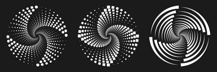 Set of Abstract trendy dynamic halftone dot pattern in grunge, retro style. Geometric, gradient swirl element  for posters, banner, flyer, presentation, landing page. Isolated vector EPS10