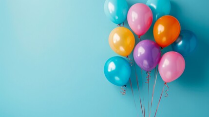 Colorful balloon bouquet on a light blue background festive and cheerful ample copy space surrounding the balloons