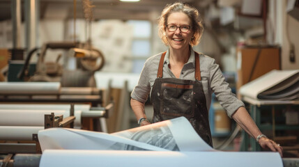 Fototapeta premium A smiling woman wearing an apron stands in a print shop, surrounded by large paper rolls and machinery, exuding satisfaction and pride.