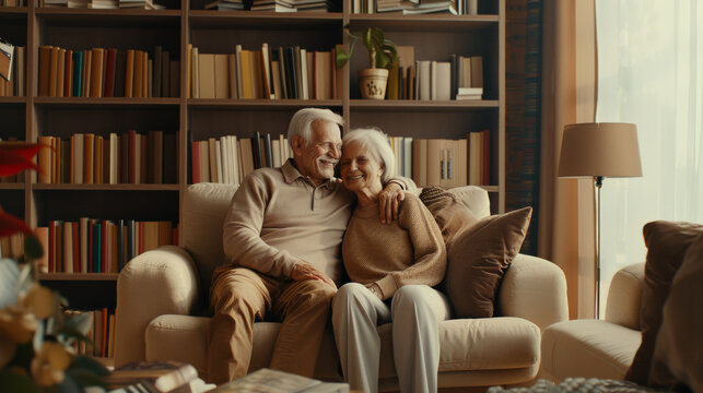 An elderly couple sits together on a cozy couch in a home library, exuding love and companionship.